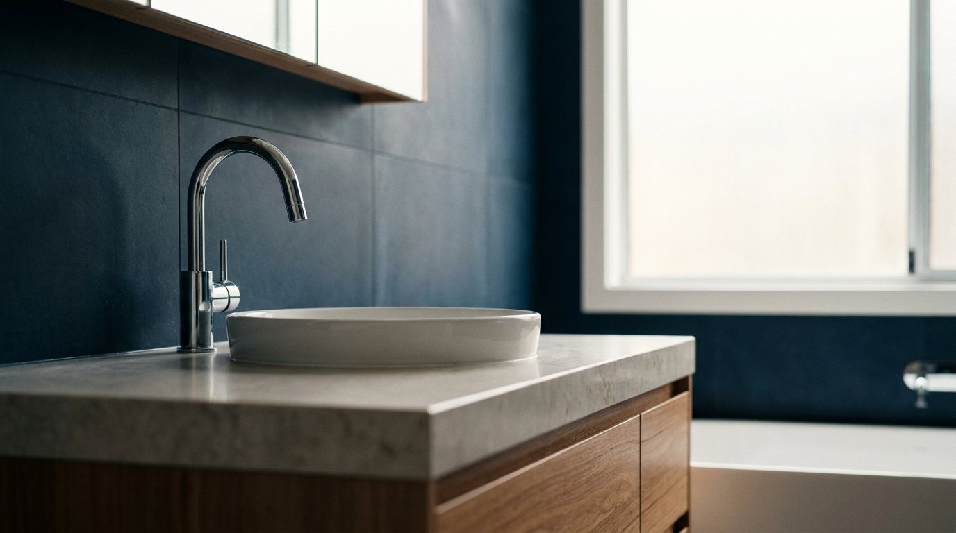 A modern bathroom vanity and basin