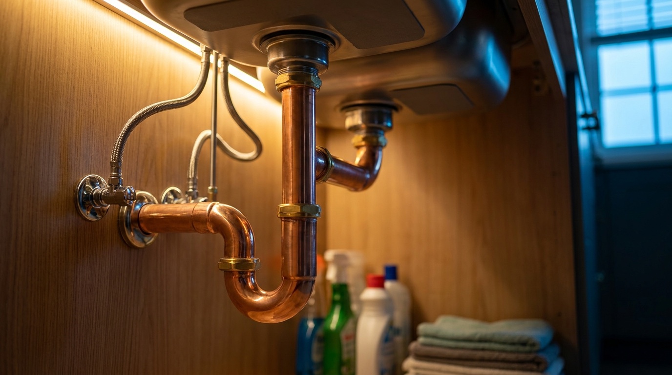 Copper plumbing work under a sink