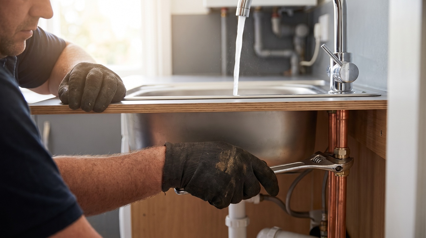 Copper plumbing work under a kitchen sink