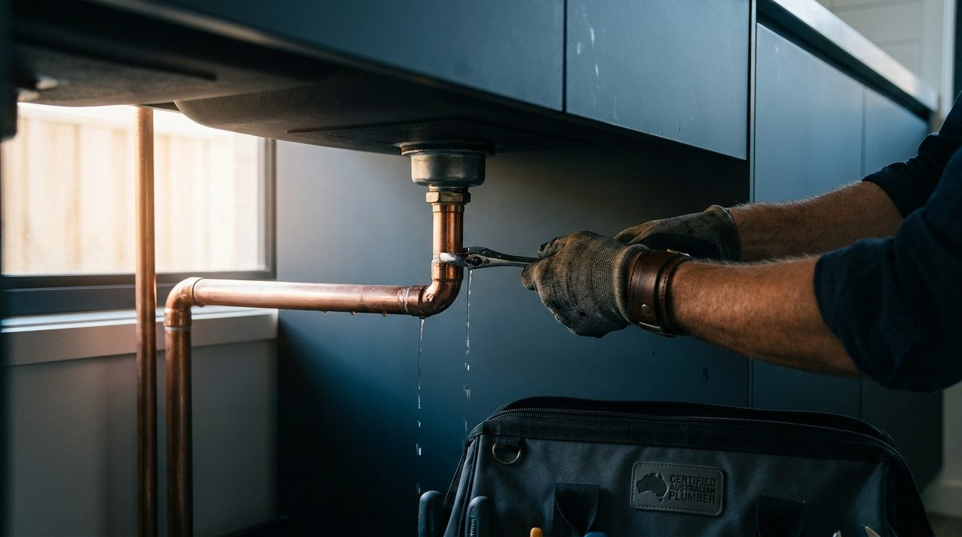 Copper plumbing work under a kitchen sink