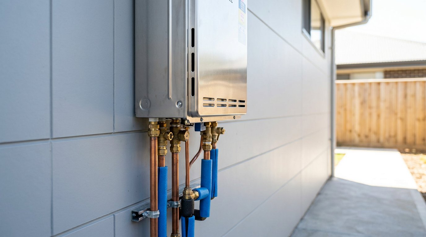 A hot water system on a timber-clad wall at golden hour