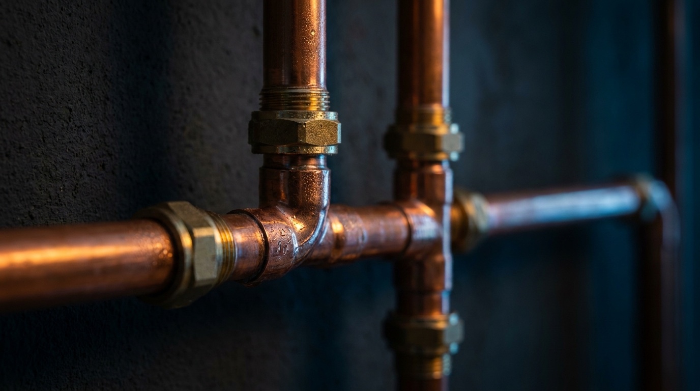 Copper pipework against a dark wall at dusk