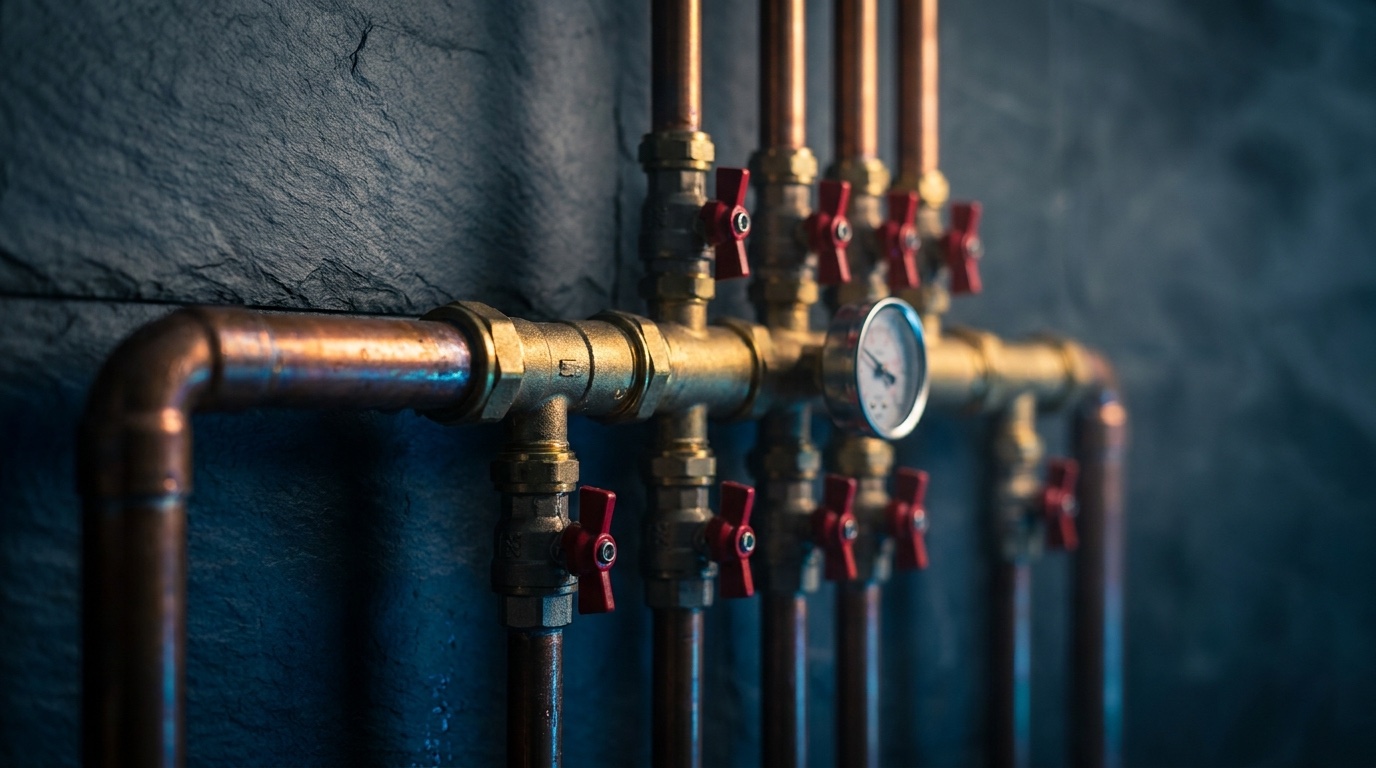 Copper pipework against a dark wall