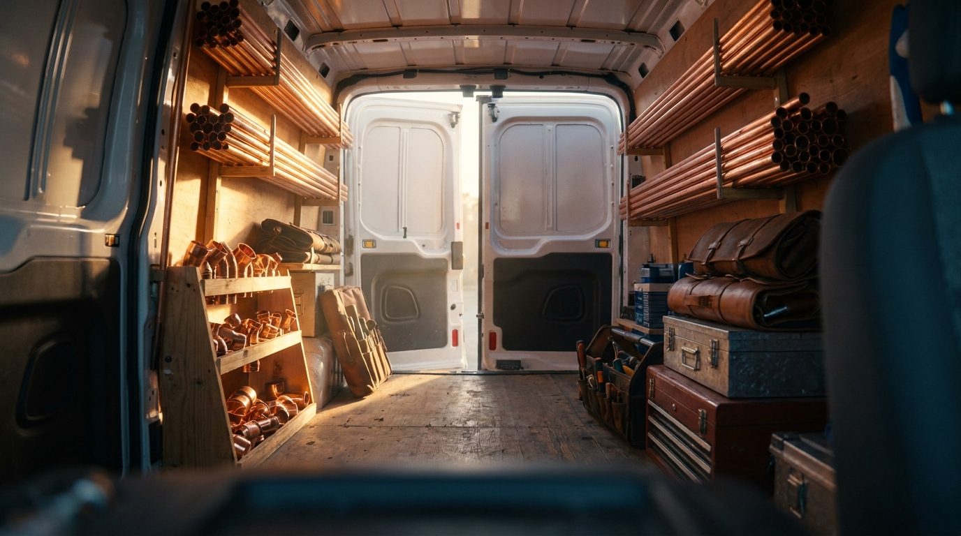 Inside a fully stocked JAK Plumbing Services work van