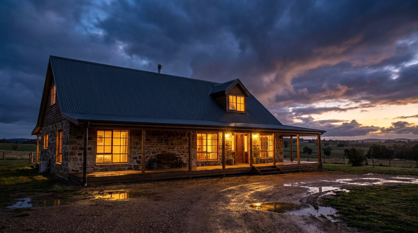A North West Tasmanian home lit up at dusk